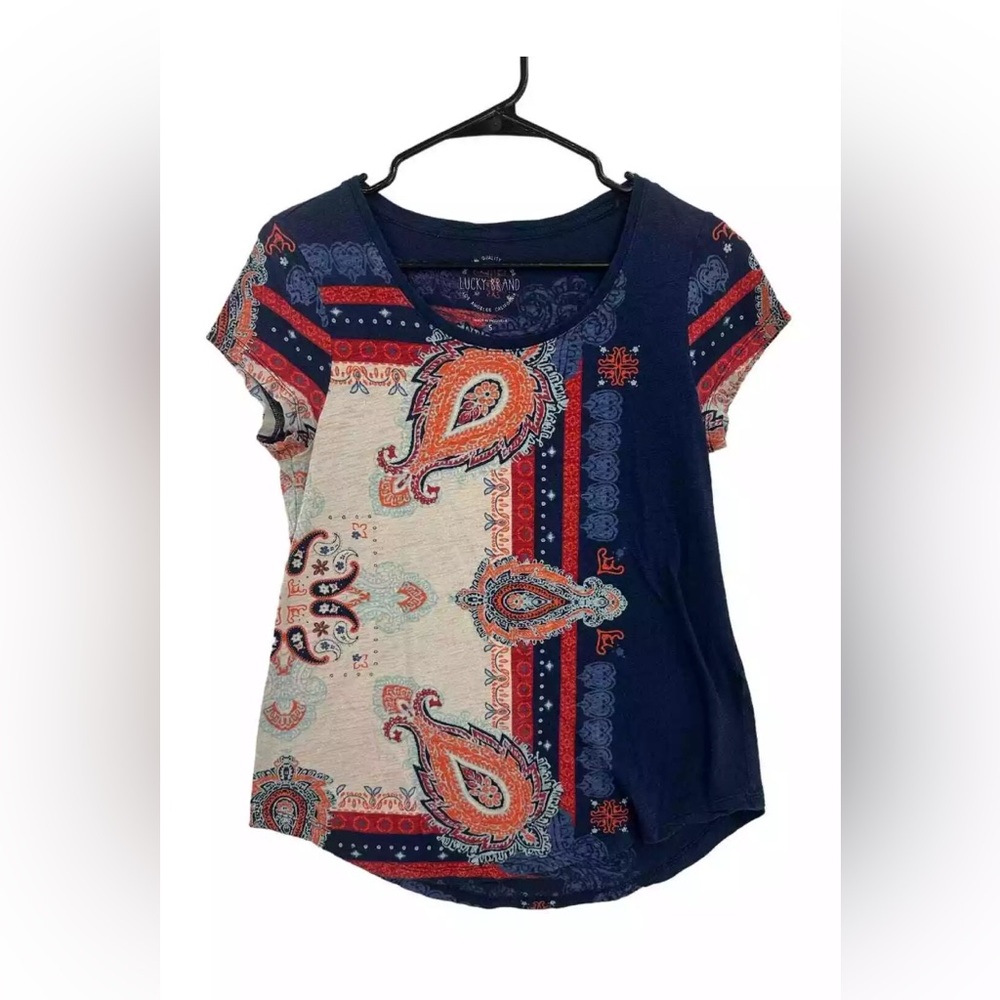 Lucky Brand navy/red/orange paisley patterned top!